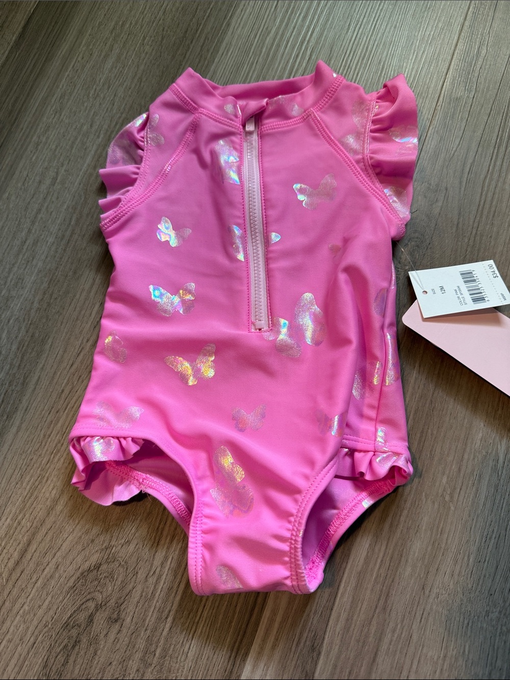 Girls' Pink Butterfly One-Piece Swimsuit with Front Zip